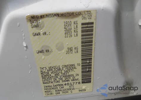 2013 Nissan Altima 2.5 Sv из США, поврежденный, VIN 1N4AL3AP9DN401778